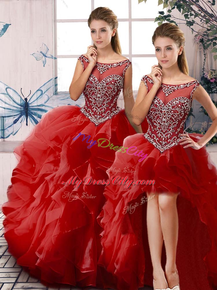 Red Scoop Neckline Beading and Ruffles Quinceanera Gowns Sleeveless Zipper