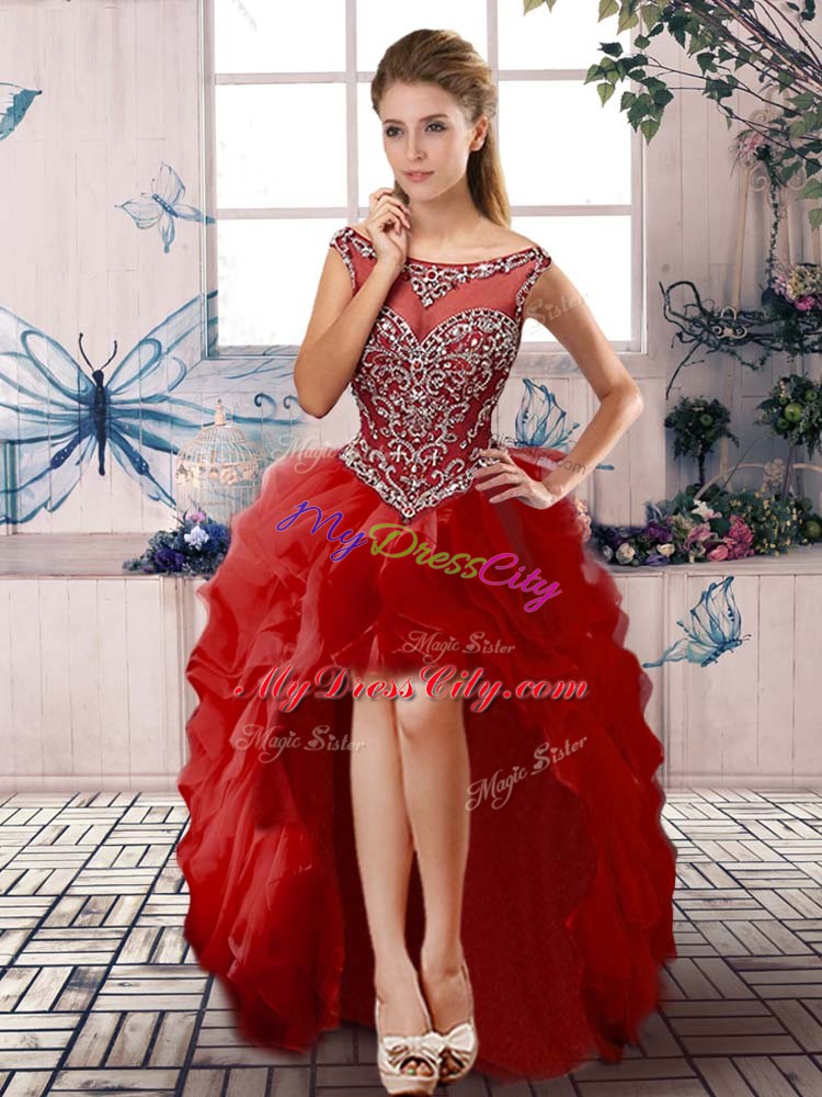 Red Scoop Neckline Beading and Ruffles Quinceanera Gowns Sleeveless Zipper