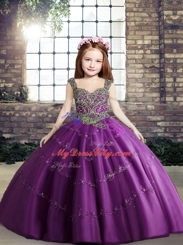 Simple Purple Ball Gowns Straps Sleeveless Tulle Floor Length Lace Up Beading Child Pageant Dress