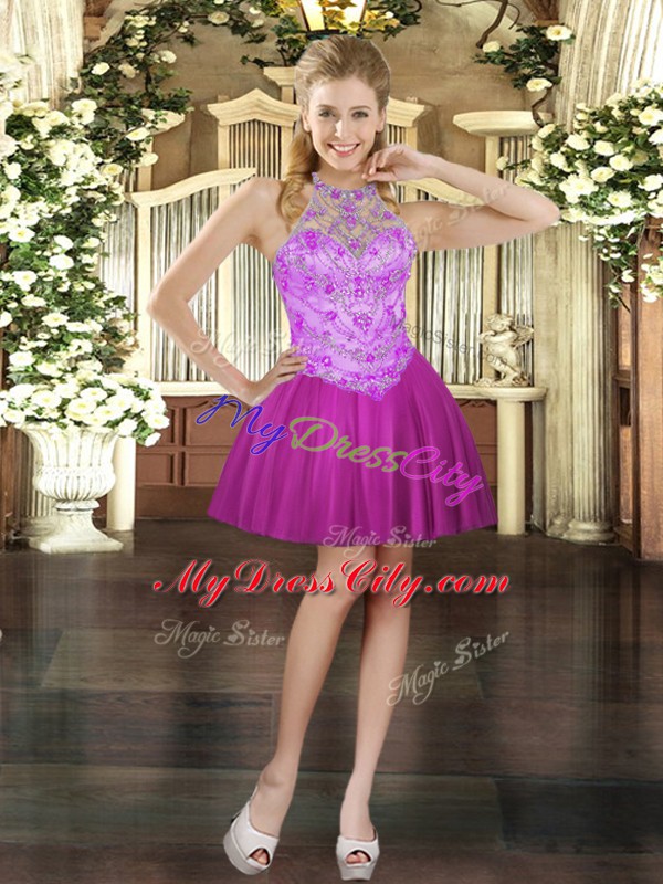 Graceful Tulle Halter Top Sleeveless Lace Up Beading Homecoming Dress in Fuchsia