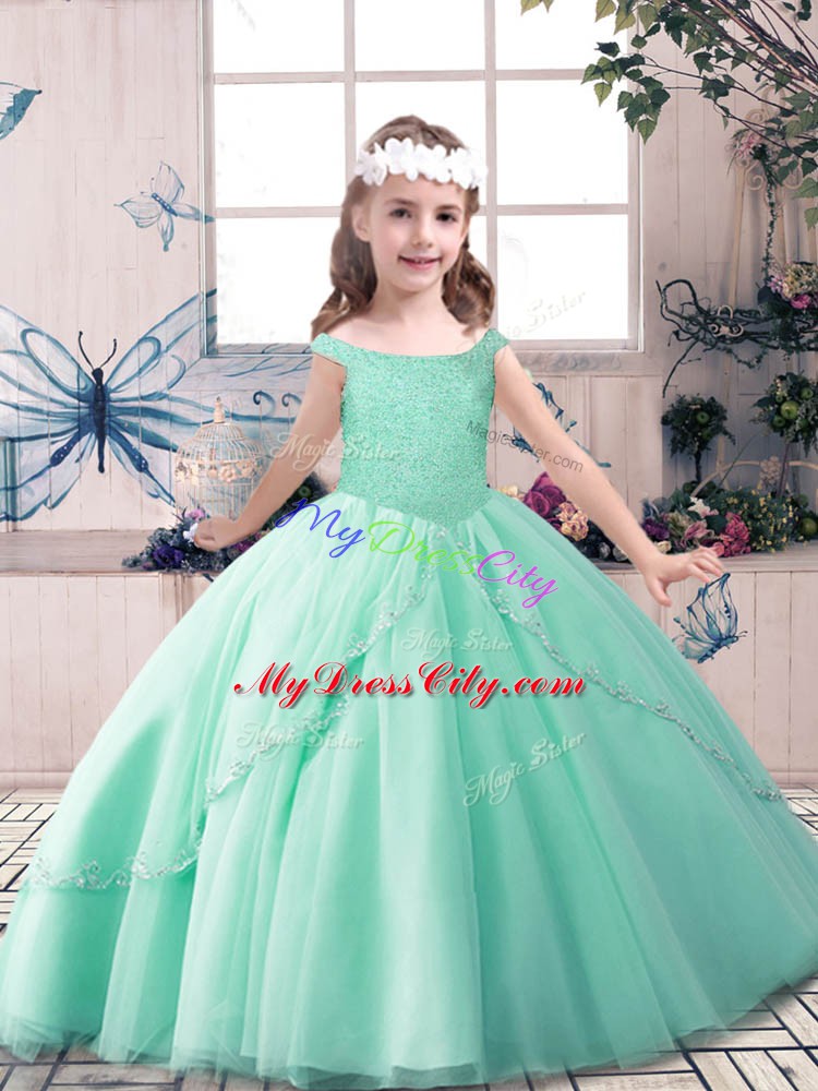 Fashionable Green Lace Up Little Girl Pageant Gowns Beading Sleeveless Floor Length