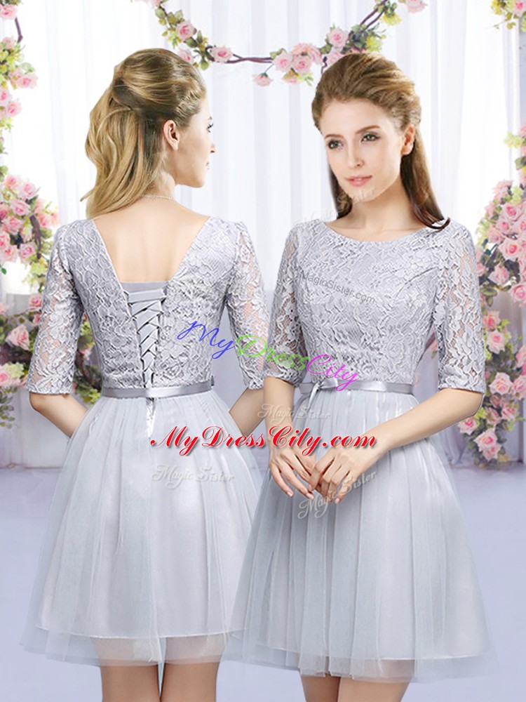 Lace and Belt Bridesmaid Dress Grey Lace Up Half Sleeves Mini Length