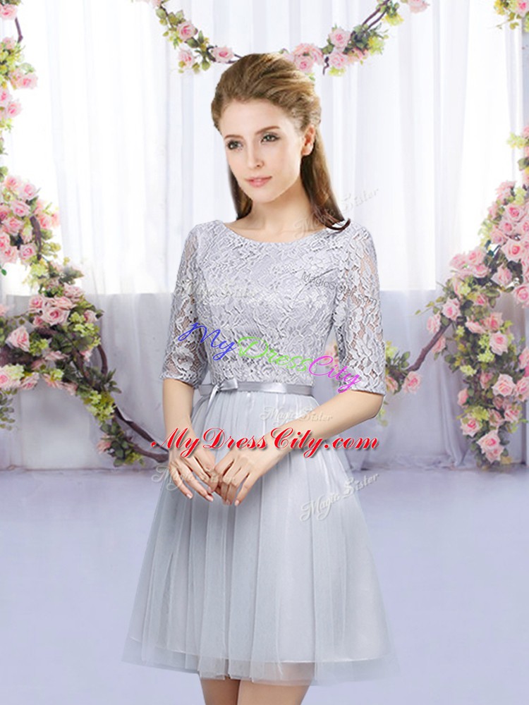 Lace and Belt Bridesmaid Dress Grey Lace Up Half Sleeves Mini Length