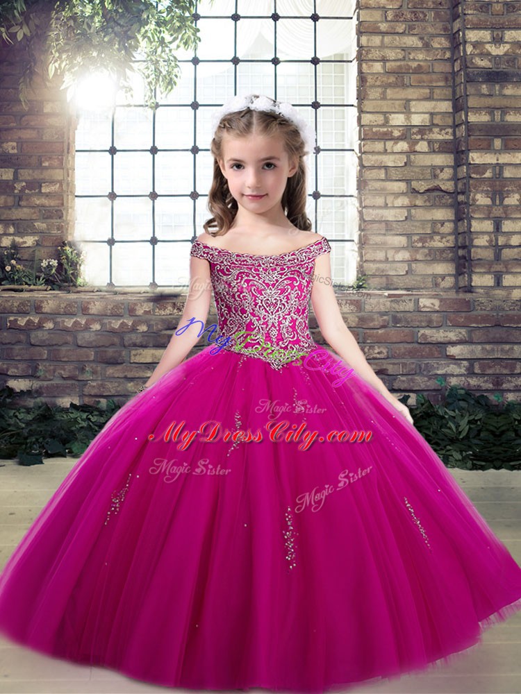 Fuchsia Sleeveless Beading Floor Length Pageant Gowns For Girls