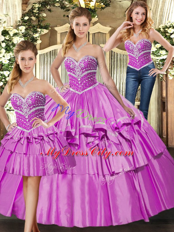 Lilac Sleeveless Floor Length Beading and Ruffled Layers Lace Up Sweet 16 Dress