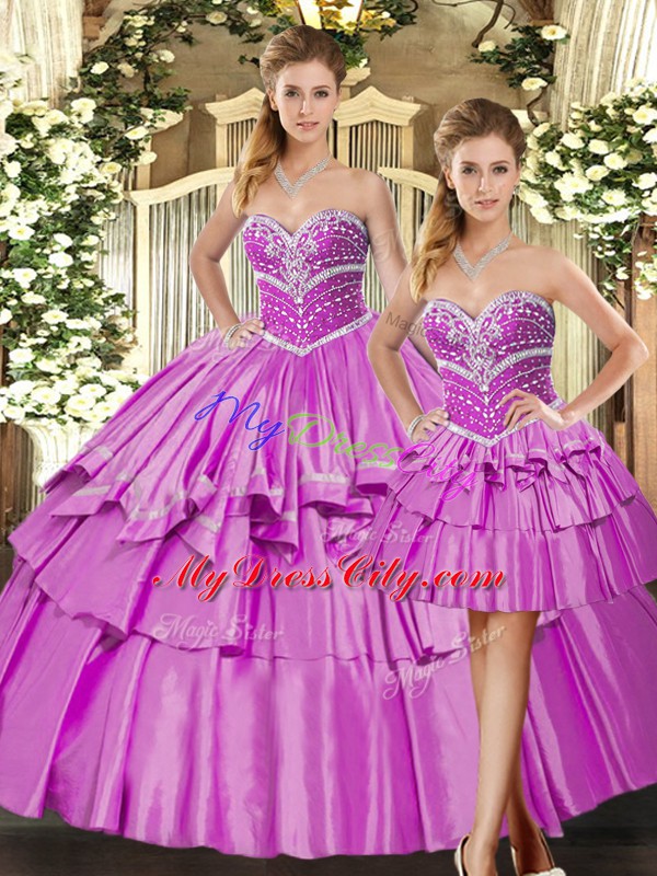 Lilac Sleeveless Floor Length Beading and Ruffled Layers Lace Up Sweet 16 Dress