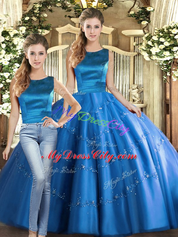 Classical Floor Length Lace Up 15 Quinceanera Dress Blue for Military Ball and Sweet 16 and Quinceanera with Appliques