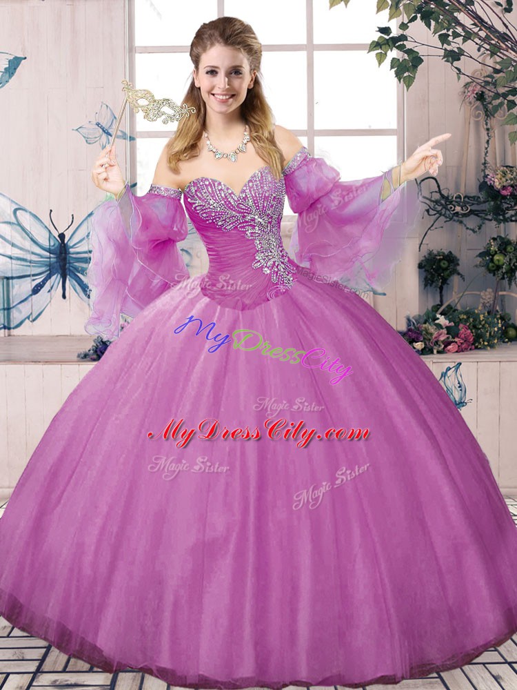 Sleeveless Floor Length Beading Lace Up Quinceanera Dresses with Lilac