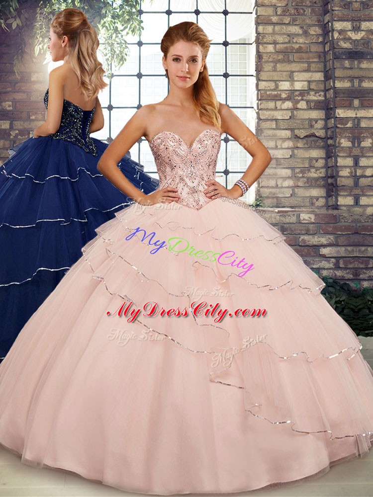 Sleeveless Brush Train Lace Up Beading and Ruffled Layers Quinceanera Dresses