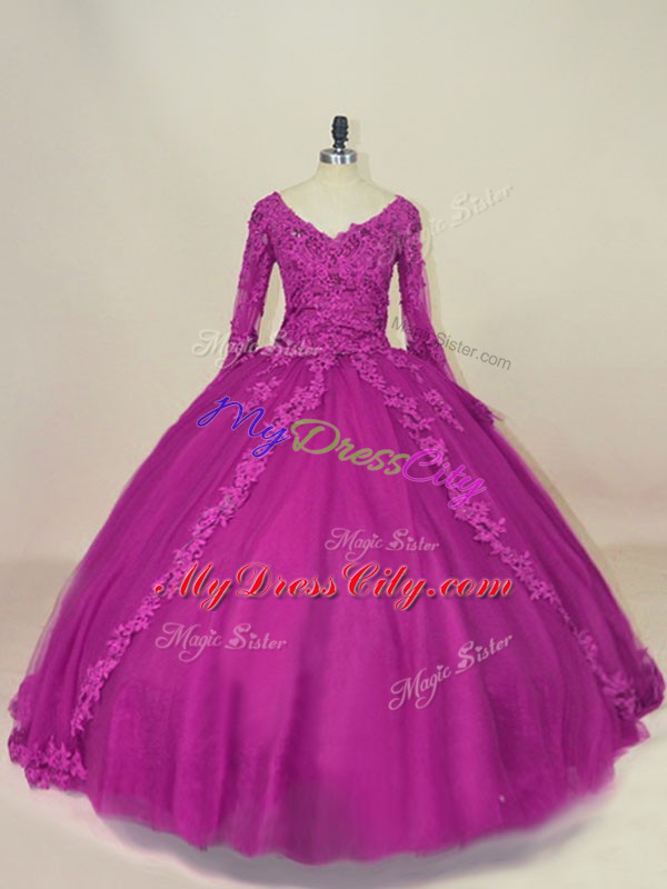 Custom Fit Fuchsia Long Sleeves Tulle Lace Up 15th Birthday Dress for Sweet 16 and Quinceanera