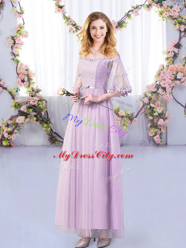 Lavender Half Sleeves Tulle Side Zipper Bridesmaid Dress for Wedding Party