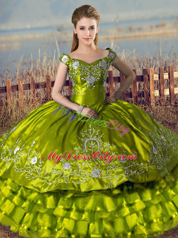 Olive Green Sleeveless Floor Length Embroidery and Ruffled Layers Lace Up Quinceanera Dress