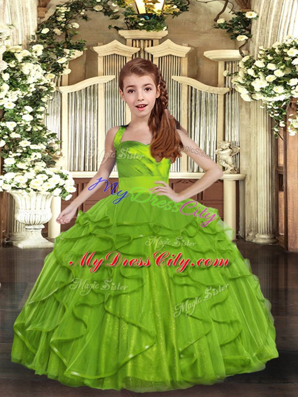 New Arrival Sleeveless Tulle Floor Length Lace Up Little Girl Pageant Dress in Olive Green with Ruffles