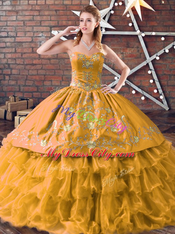 Sleeveless Floor Length Embroidery and Ruffled Layers Lace Up Quince Ball Gowns with Gold