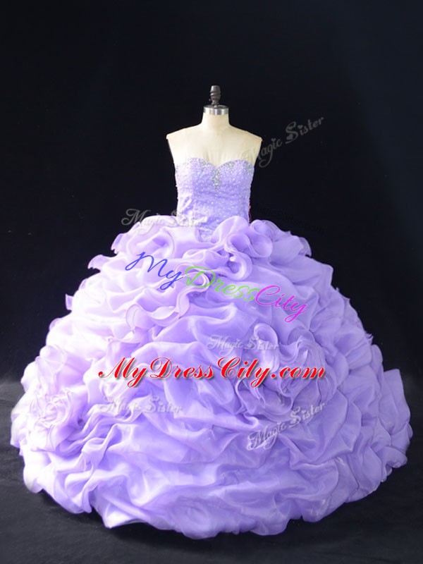 Lavender Ball Gowns Organza Sweetheart Sleeveless Beading and Pick Ups and Hand Made Flower Lace Up Ball Gown Prom Dress