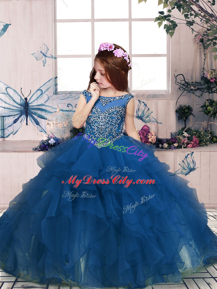 Trendy Teal Sleeveless Floor Length Beading and Ruffles Zipper Little Girls Pageant Gowns