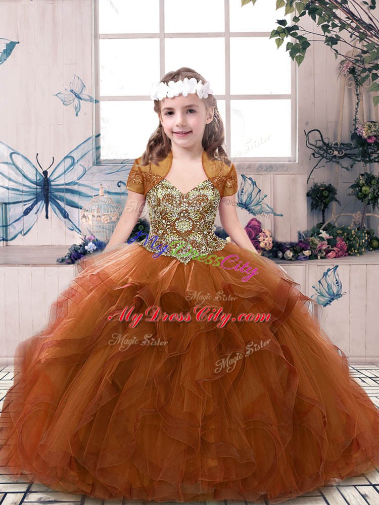 Rust Red Sleeveless Floor Length Beading and Ruffles Lace Up Kids Pageant Dress