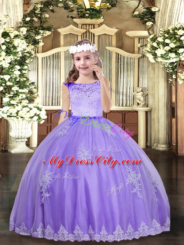 Glorious Scoop Sleeveless Pageant Dress for Girls Floor Length Lace and Appliques Lavender Tulle