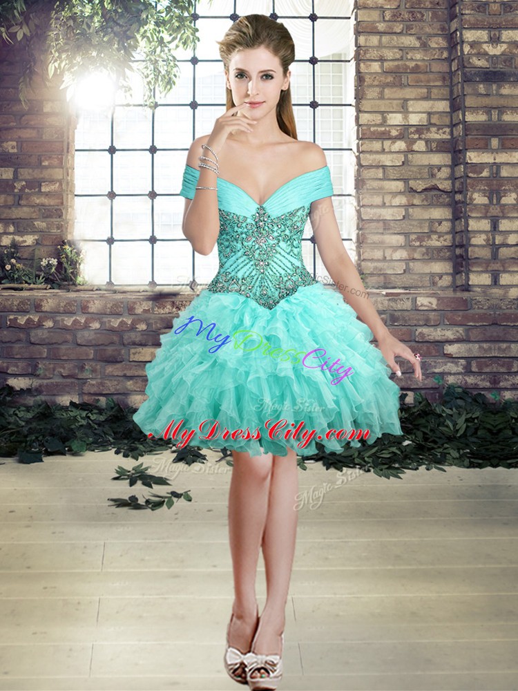 Sleeveless Organza Mini Length Lace Up Prom Gown in Aqua Blue with Beading and Ruffles