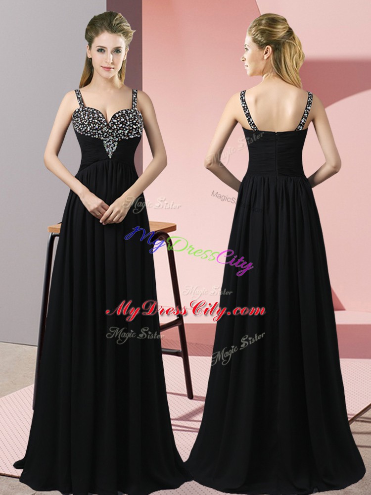 Straps Sleeveless Going Out Dresses Floor Length Beading Black Chiffon