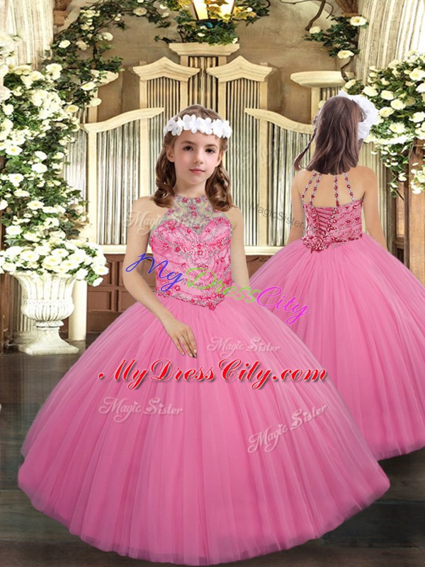 Adorable Rose Pink Tulle Lace Up Halter Top Sleeveless Floor Length Pageant Dresses Beading