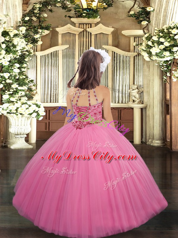 Adorable Rose Pink Tulle Lace Up Halter Top Sleeveless Floor Length Pageant Dresses Beading