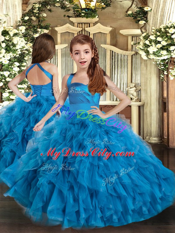 Blue Lace Up Straps Ruffles Kids Formal Wear Tulle Sleeveless