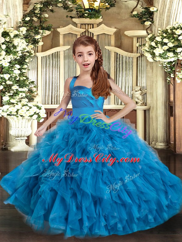 Blue Lace Up Straps Ruffles Kids Formal Wear Tulle Sleeveless