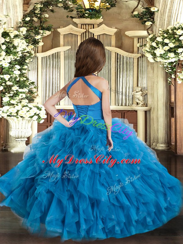 Blue Lace Up Straps Ruffles Kids Formal Wear Tulle Sleeveless