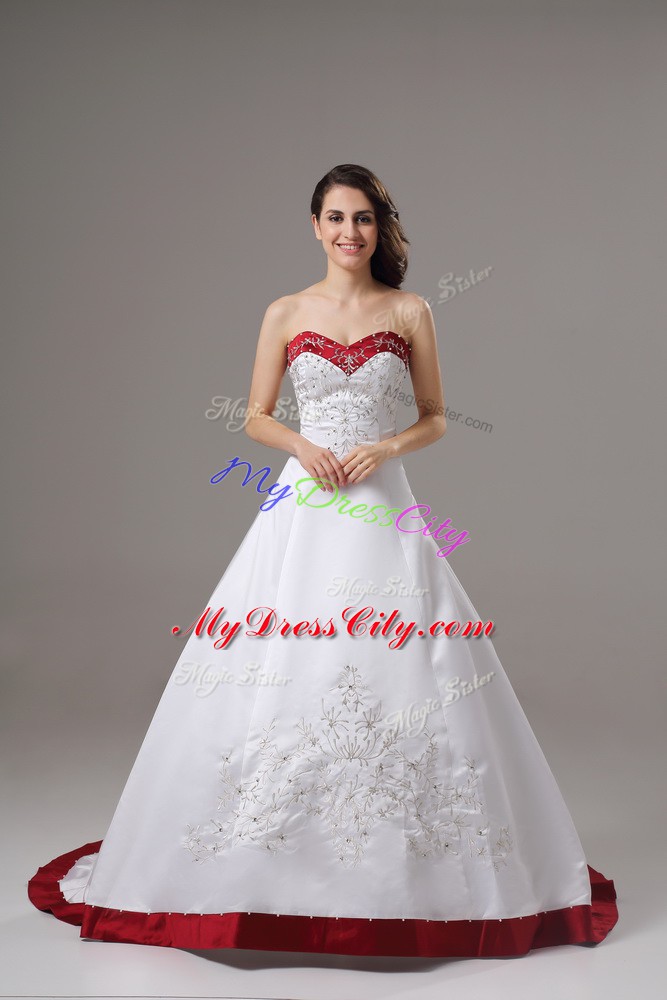 Chic Satin Sleeveless Bridal Gown Brush Train and Beading and Embroidery