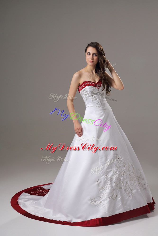 Chic Satin Sleeveless Bridal Gown Brush Train and Beading and Embroidery