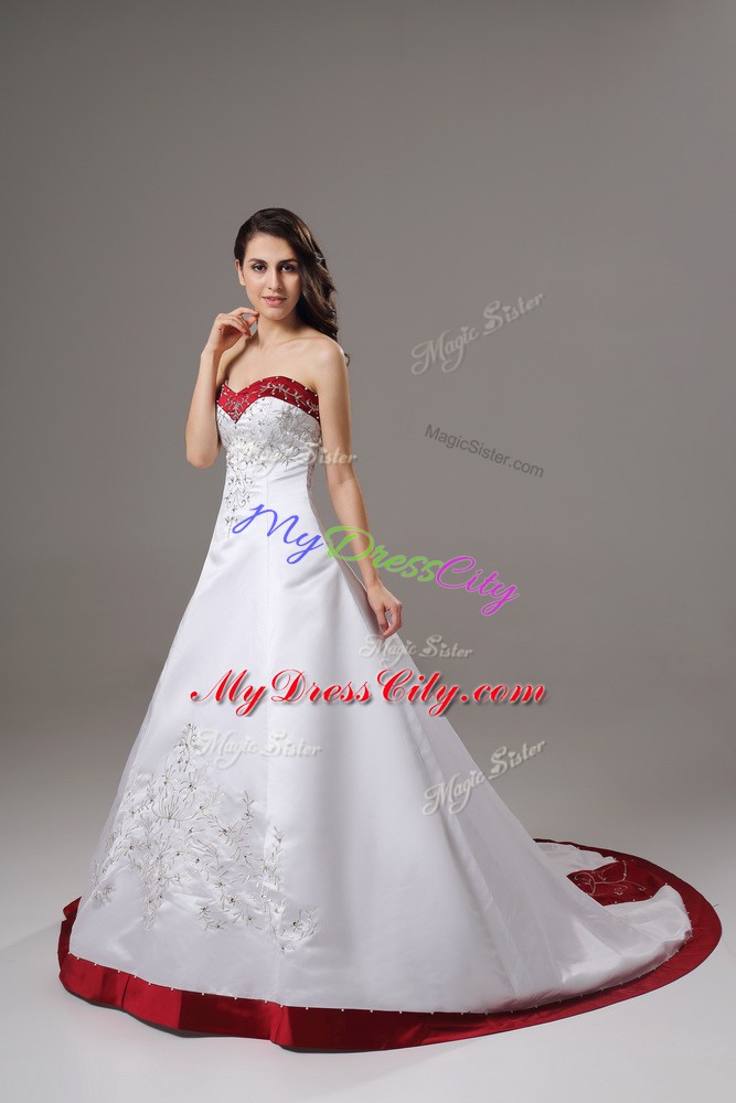 Chic Satin Sleeveless Bridal Gown Brush Train and Beading and Embroidery