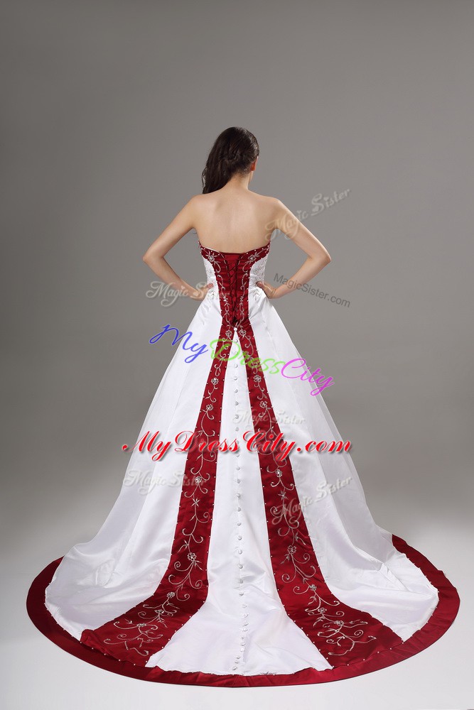 Chic Satin Sleeveless Bridal Gown Brush Train and Beading and Embroidery