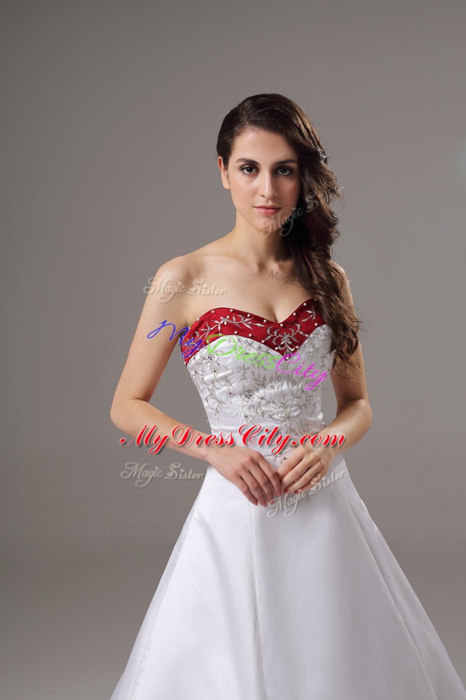 Chic Satin Sleeveless Bridal Gown Brush Train and Beading and Embroidery