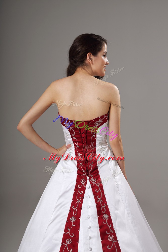 Chic Satin Sleeveless Bridal Gown Brush Train and Beading and Embroidery