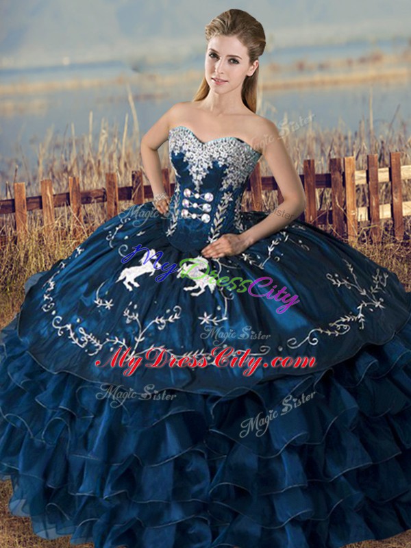 New Style Satin and Organza Sweetheart Sleeveless Lace Up Embroidery and Ruffles Sweet 16 Dresses in Navy Blue