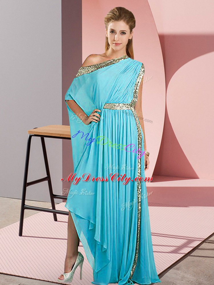 Graceful One Shoulder Sleeveless Prom Party Dress Asymmetrical Sequins Aqua Blue Chiffon