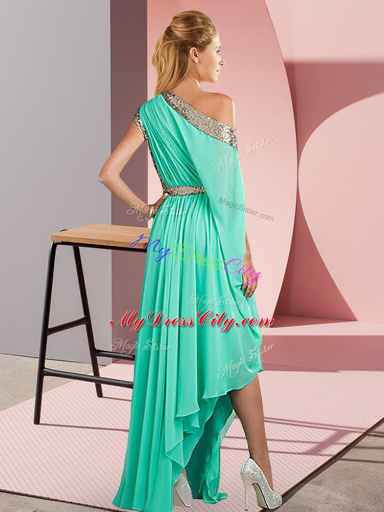 Graceful One Shoulder Sleeveless Prom Party Dress Asymmetrical Sequins Aqua Blue Chiffon