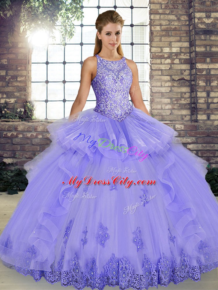 Lavender Ball Gowns Lace and Embroidery and Ruffles 15 Quinceanera Dress Lace Up Tulle Sleeveless Floor Length