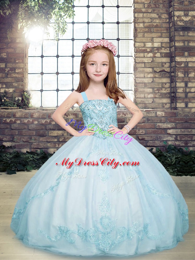 Sleeveless Tulle Floor Length Lace Up Pageant Dress for Girls in Light Blue with Beading