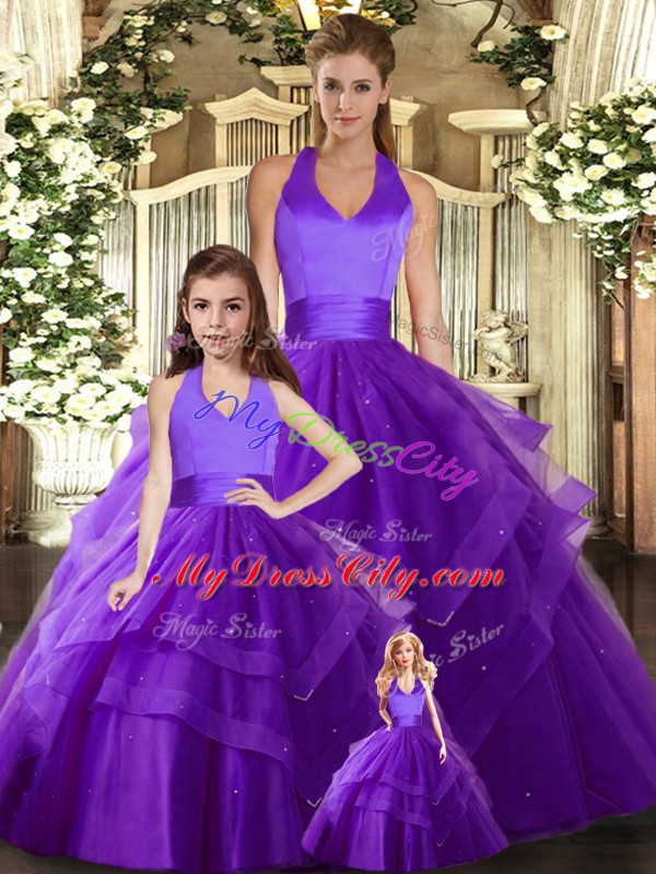 Great Sleeveless Floor Length Ruching Lace Up Sweet 16 Quinceanera Dress with Purple