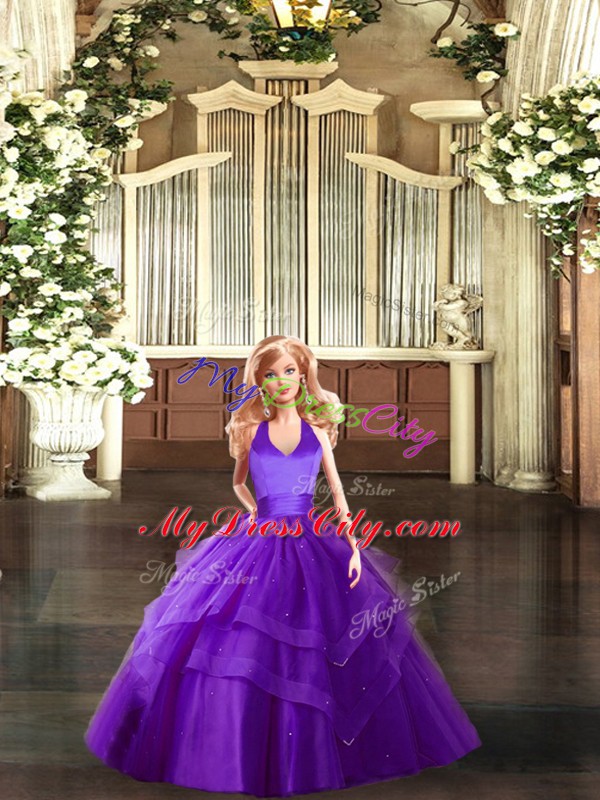 Great Sleeveless Floor Length Ruching Lace Up Sweet 16 Quinceanera Dress with Purple