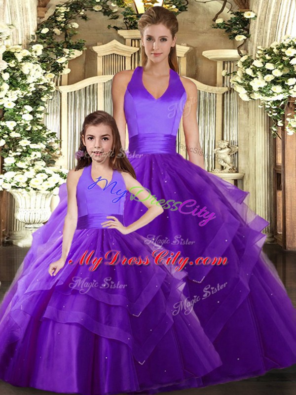 Great Sleeveless Floor Length Ruching Lace Up Sweet 16 Quinceanera Dress with Purple