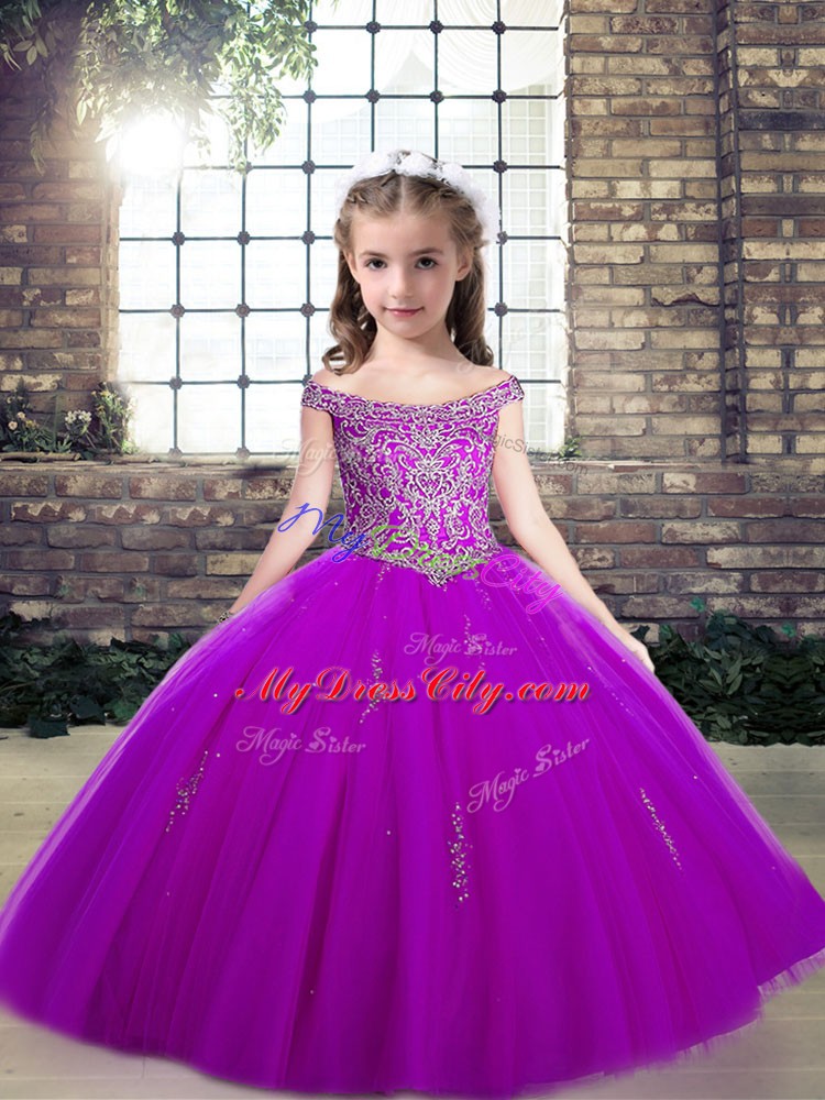 Fancy Sleeveless Tulle Floor Length Lace Up Child Pageant Dress in Purple with Appliques