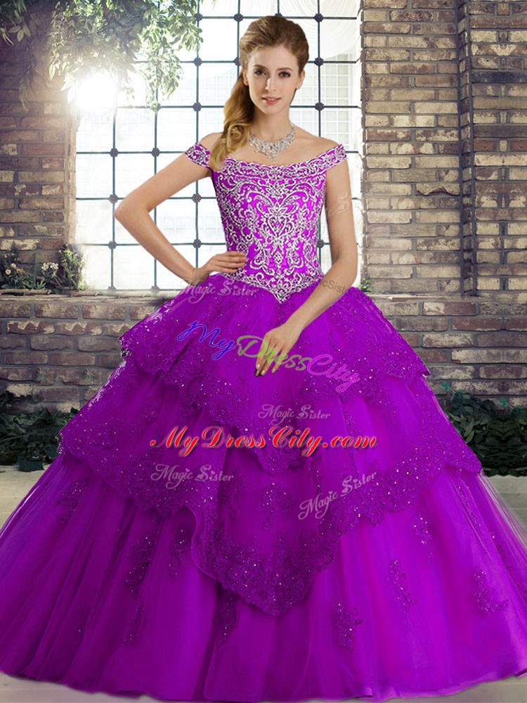 Nice Sleeveless Beading and Lace Lace Up 15 Quinceanera Dress with Purple Brush Train