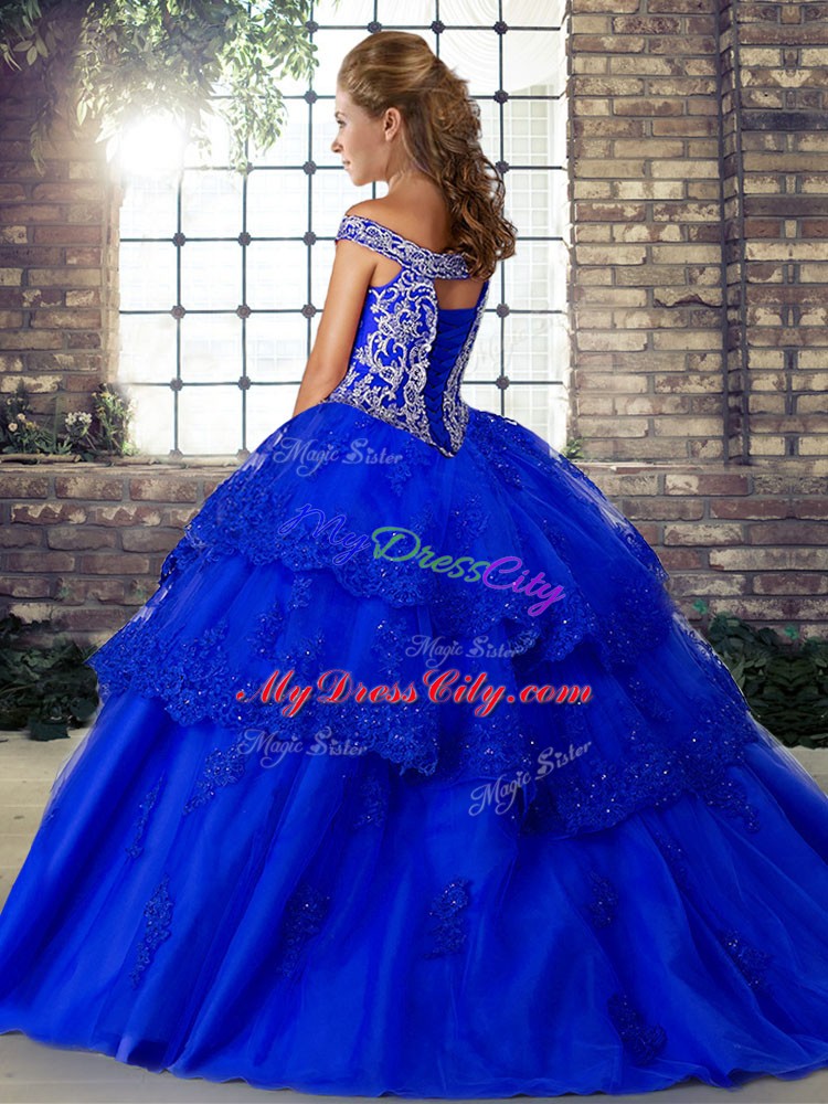 Nice Sleeveless Beading and Lace Lace Up 15 Quinceanera Dress with Purple Brush Train