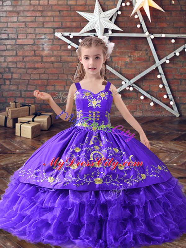 Latest Sleeveless Floor Length Embroidery and Ruffled Layers Lace Up High School Pageant Dress with Lavender