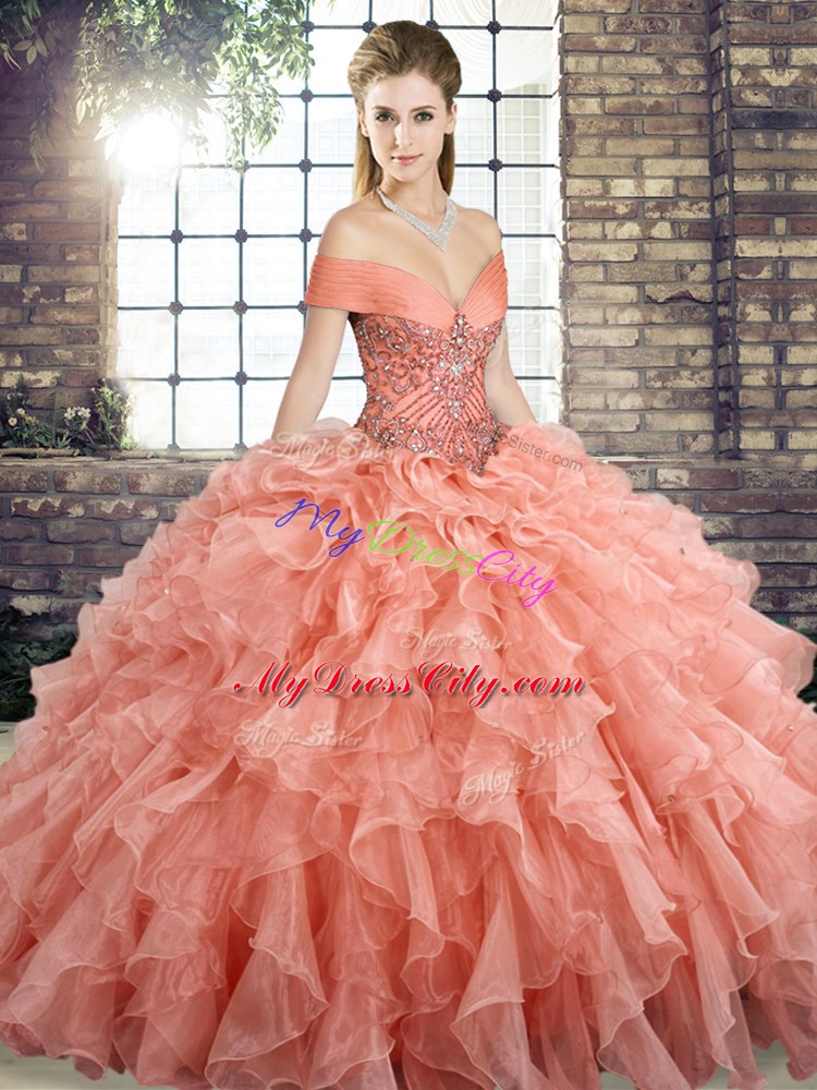 Most Popular Peach Off The Shoulder Lace Up Beading and Ruffles Quinceanera Dresses Brush Train Sleeveless