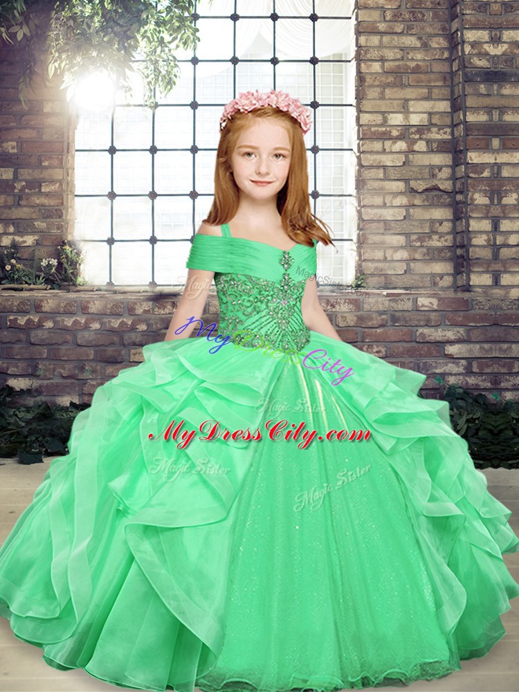 Sleeveless Floor Length Beading and Ruffles Lace Up Pageant Gowns For Girls with