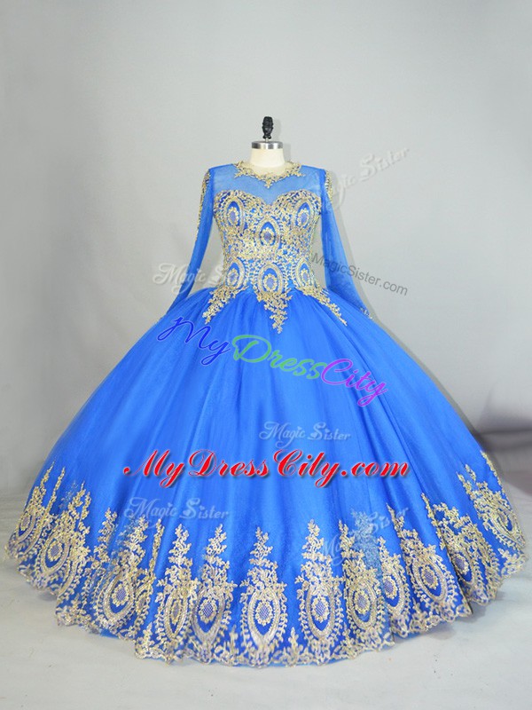 High-neck Long Sleeves Quinceanera Dress Floor Length Beading and Appliques Blue Tulle